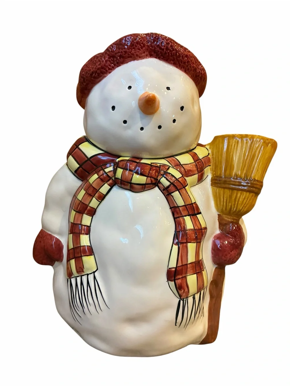 Sakura Debbied Mumm White Snowman Cookie Jar Red Hat lid Plaid Scarf Christmas